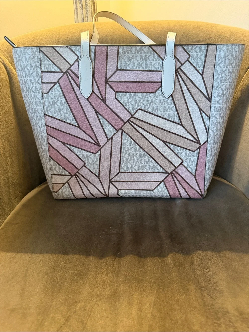 Michael Kors Pink Geo-Print Tote with White Trim